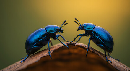 Two beetles interacting on wood surface