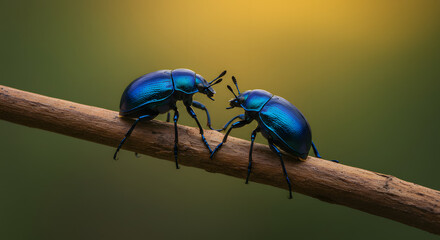 Two beetles on a wooden branch