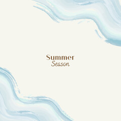 Minimalist summer-themed. Background is a soft cream color, complemented by flowing, abstract waves of light blue and white in the top right and bottom left corners.