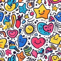 Fototapeta premium Colorful Hand-Drawn Doodles of Stars, Hearts, and Smiling Faces