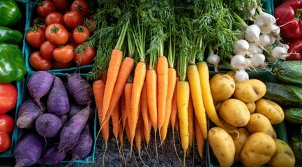 Vibrant overhead shot of assorted fresh produce in crates, showcasing carrots, tomatoes, potatoes, garlic, sweet potatoes, peppers, and zucchini, displaying a rich array of colors and textures