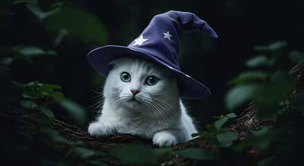 White cat wearing a wizard hat in forest setting