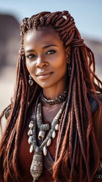 Portrait of Himba woman coated in traditional red otjize paste covering skin and hair