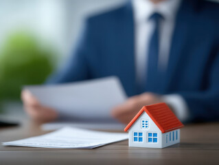 property loan mortgage qualification home concept. Miniature house model with documents in a business setting.