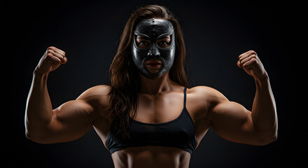 Female athlete with mask flexing muscles in dark setting