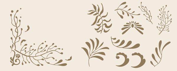 Retro flower and leaves border element object in wavy line style