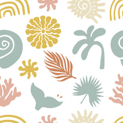 summer seamless pattern with shell,sun,coconut tree,rainbow