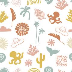summer seamless pattern with shell,sun,coconut tree,leaf
