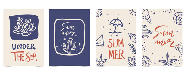cute doodle summer background with shell,coral,tree for vertical A4 design