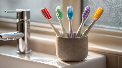Isolated dental care tool: two toothbrushes and toothpaste in a glass