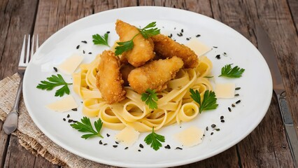 Fried chicken tenders over pasta with herbs and cheese