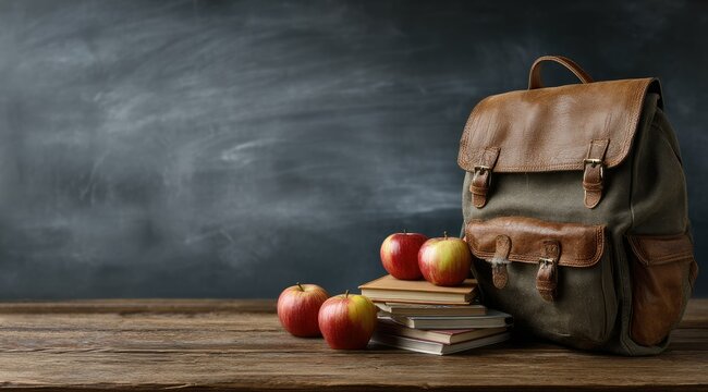 Rustic canvas backpack with leather trim sits on a wooden desk in front of a dark chalkboard, flanked by red apples and a stack of books