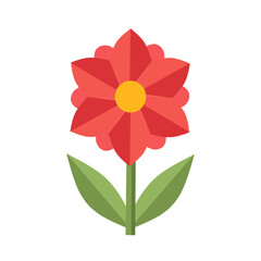 Red flower with layered pointed petals and a yellow center in flat style. Decorative spring bloom with green leaves and simple stem design