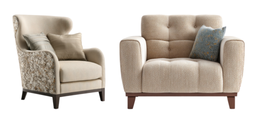 two comfortable chairs, each adorned with a pillow isolated, transparent background	
