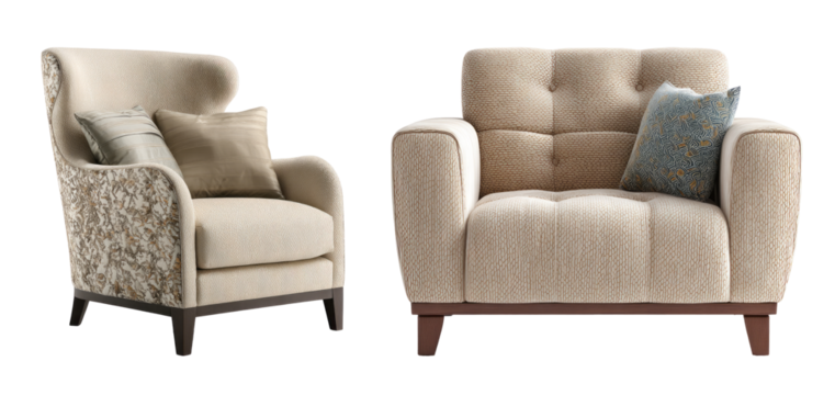 two comfortable chairs, each adorned with a pillow isolated, transparent background	
