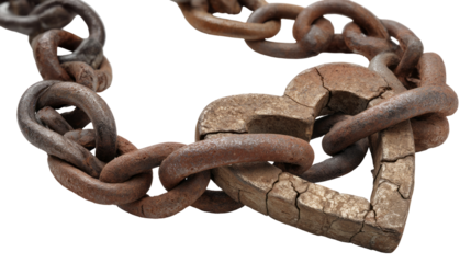 a rusty chain forms a broken heart isolated, transparent background	
