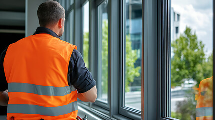 Worker in high-visibility vest inspecting large windows inside a modern building
