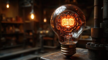 Steampunk lightbulb displaying time in workshop