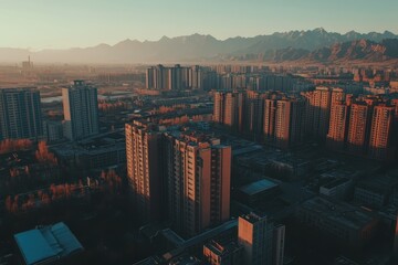 Obraz premium Aerial view of modern skyscrapers in a Chinese town surrounded by mountains at sunset, Aerial shot of tall buildings in a Chinese town with mountains in the distance