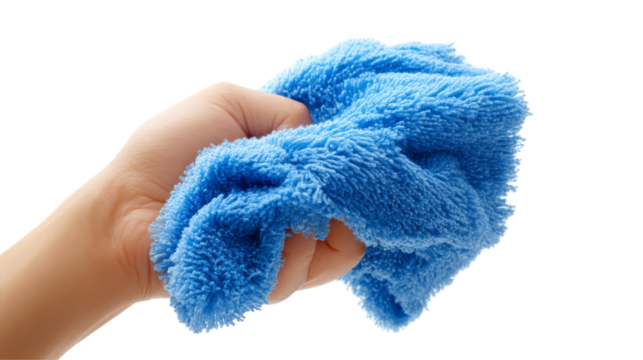 a hand holding a blue cloth isolated, transparent background	

