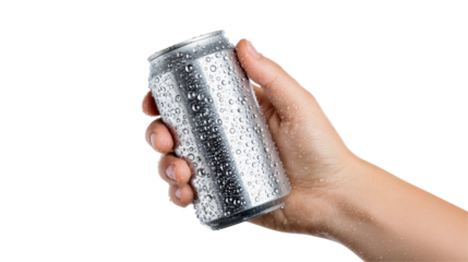 a hand holding a cold aluminum can with water droplets  isolated, transparent background	
