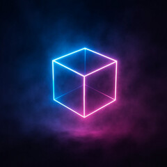 Neon Glowing Cube in Dark Foggy Background