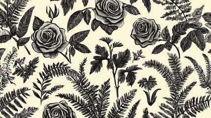 Elegant Rose & Fern Botanical Pattern