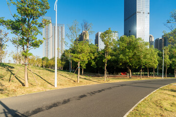 Naklejka premium city park with modern building background in shanghai