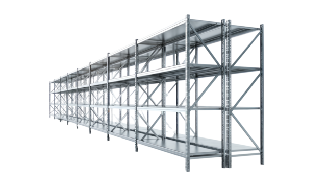 Metal industrial shelving unit on white isolated, transparent background	