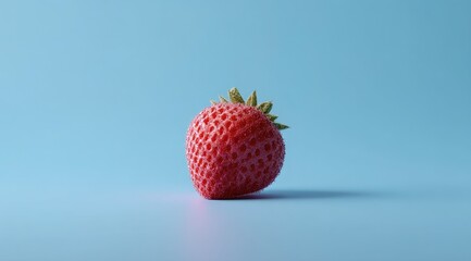 Single, ripe strawberry rests on a pale blue surface, casting a subtle shadow, against a matching backdrop.  Its texture is smooth, with a vibrant red hue and a green calyx