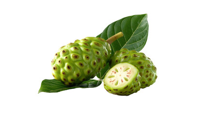 Noni fruits with leaves isolated, transparent background	