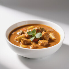 Delicious chicken curry in bowl isolated on white background