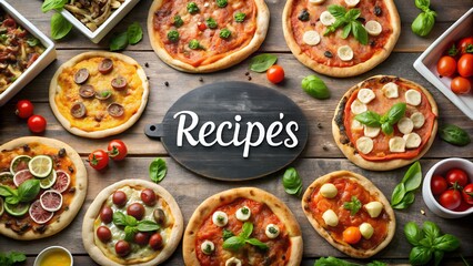 Flat lay pizza and ingredients with bold Pizza Recipes text great for culinary advertising social media headers recipe cards and marketing milkyhexddway pizzas Backgrounds ads
