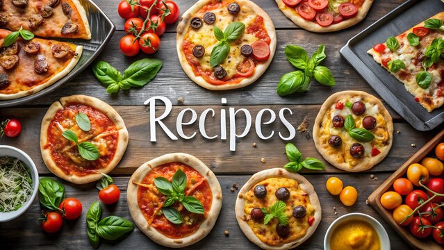 Sliced pizza on rustic surface with Pizza Recipes heading ideal for food marketing blog headers cooking platforms and delivery promotions milkyhexddway pizzas Backgrounds ads