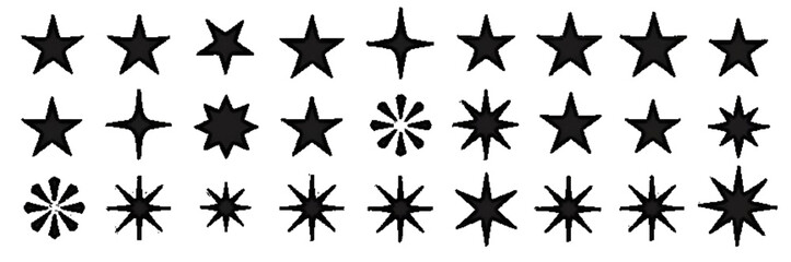 A collection of 20 unique star and sparkle silhouette icons in a 4x5 grid, featuring solid black designs with sharp, distinct styles like multi-pointed stars and radiating sparkles. 
