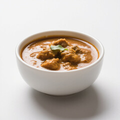 Delicious mutton curry in bowl isolated on white background