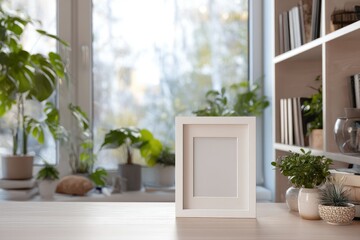 A blank white picture frame sits on a light wood desk amidst potted plants, bookshelves, and a sunlit window