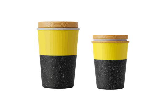 Reusable cup with wooden lid, yellow and black speckled modern design transparent vector illustration
