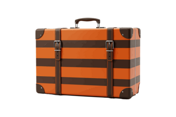 Square suitcase with orange and brown stripes, vintage travel accessory transparent vector illustration