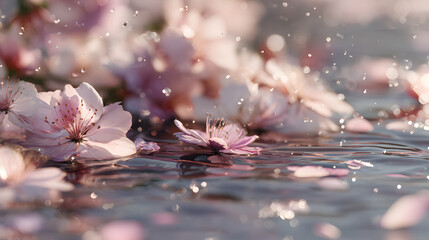 Pink Cherry Blossoms Falling on Water Springtime Serenity