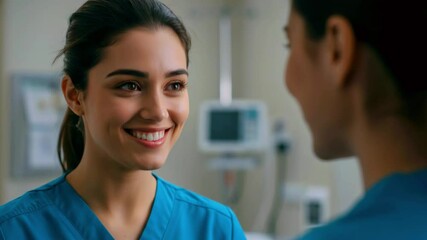 Smiling healthcare professional in scrubs interacting with a patient in a clinical setting - Powered by Adobe