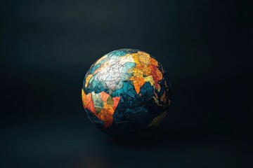 Fototapeta premium Colorful globe with abstract shapes over a black background representing global diversity and unity, globe of shapes over black background