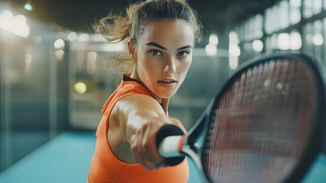 Close-up of a focused female tennis player in action.