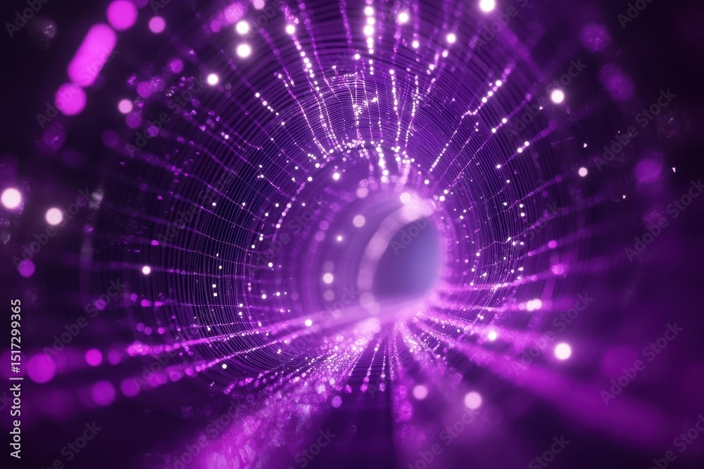Poster Exploring the depths of a vibrant purple wireframe wave tunnel filled with glowing lights, Abstract purple wireframe wave tunnel background
