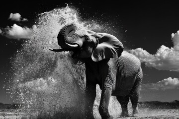 Obraz premium Elephants playfully splash water in Tsavo East National Park during a sunny afternoon, Elephants throw water in the reserve of tsavo
