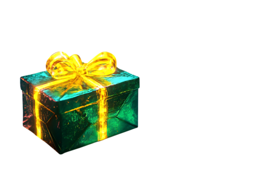 A green gift box with a yellow ribbon and bow, isolated against a white background.