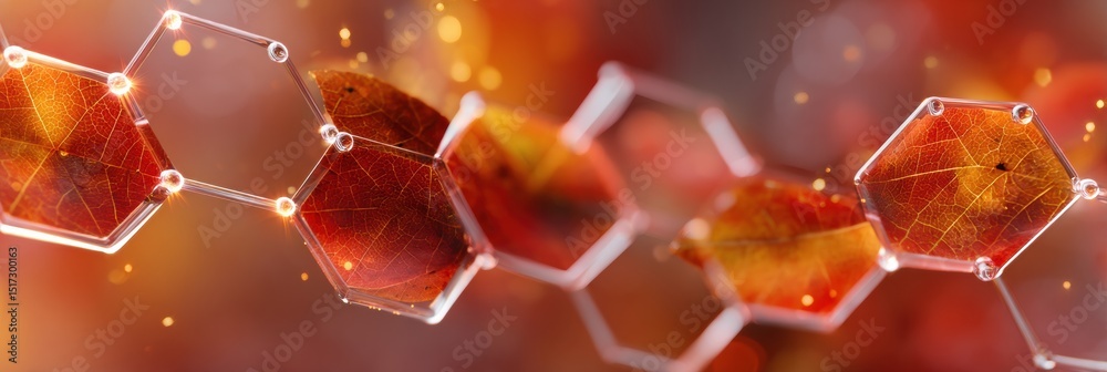 Poster Glowing Hexagonal Nanostructure Grid with Leaf Texture, Quantum Material Science Visualization for Advanced Technology and Quantum Computing Research
