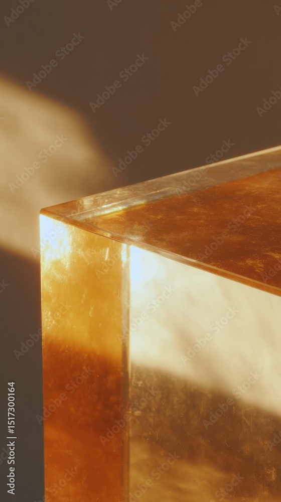 Poster transparent amber resin cube with warm light reflections in minimalistic modern decor showcasing nat