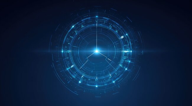 A glowing, circular, technological HUD element with a central bright point and concentric rings of data, lines, and nodes, set against a dark blue background