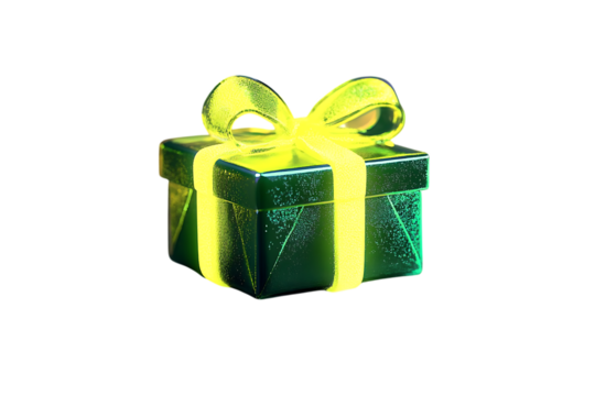 A green gift box with a yellow ribbon and a bow on it. 